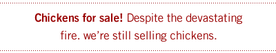 CHickens still for sale, dispite the fire
